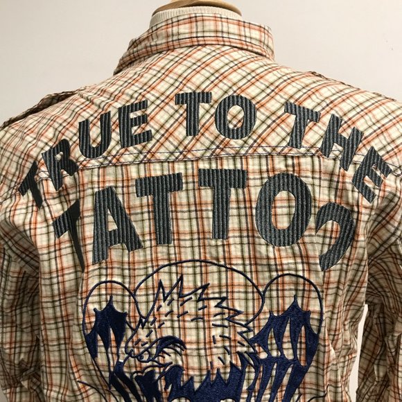 ED HARDY embroidered tattoo eagle tan cotton plaid work shirt jacket M
